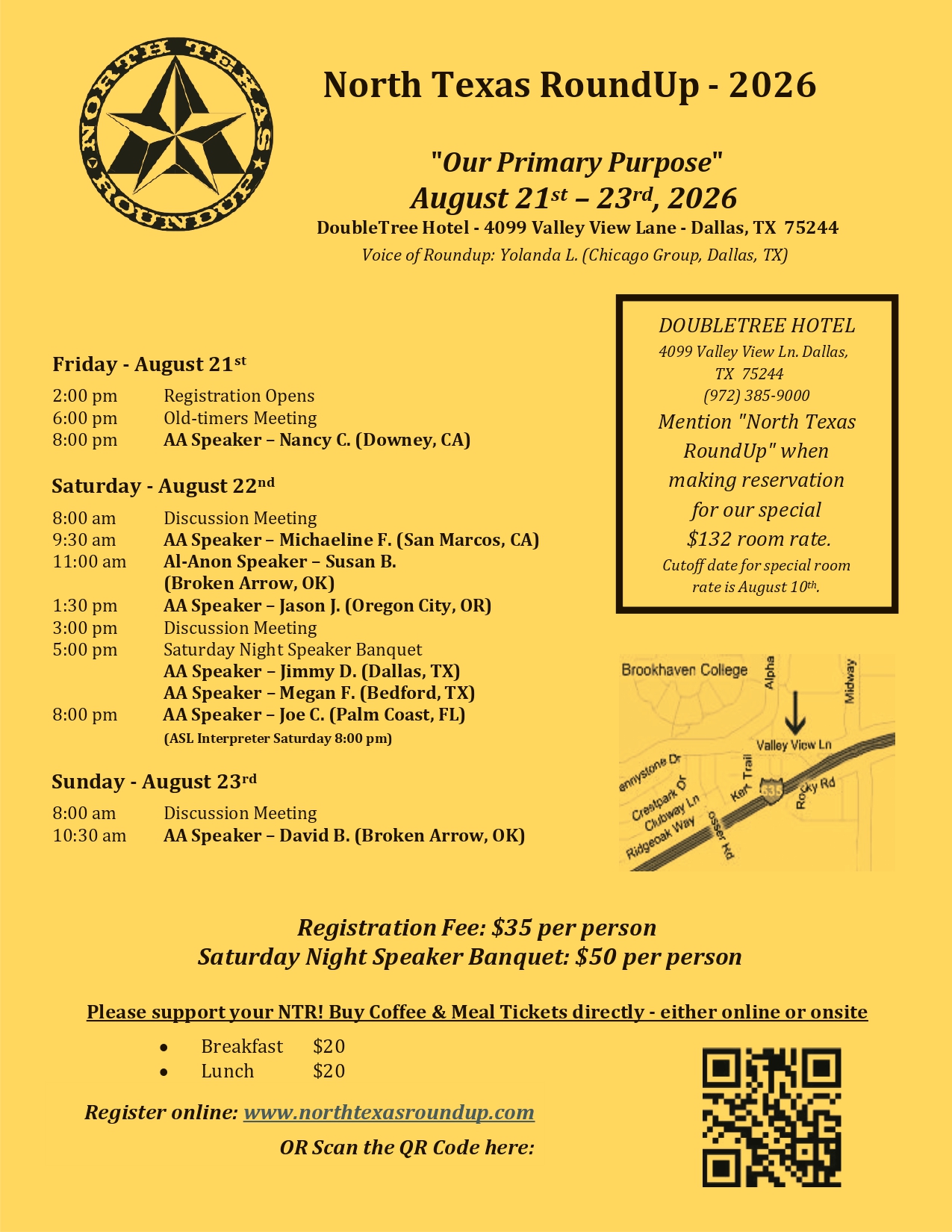 Yellow event poster for North Texas RoundUp 2026, featuring a circular star logo on the left, event dates, venue, schedule, and a QR code on the bottom right.