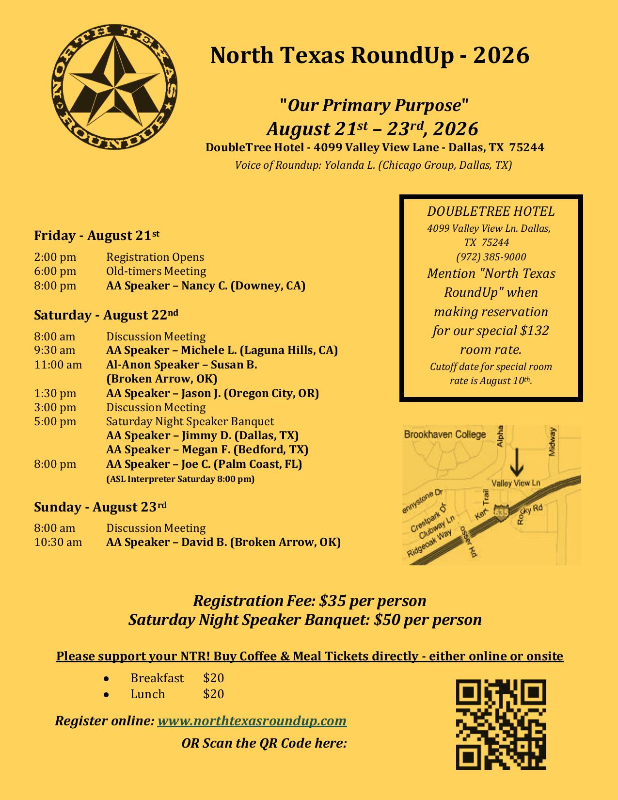 Flyer for North Texas RoundUp 2026 in Dallas (Aug 21–23, 2026) with emblem, venue details, schedule, rates, and a QR code on a yellow background.