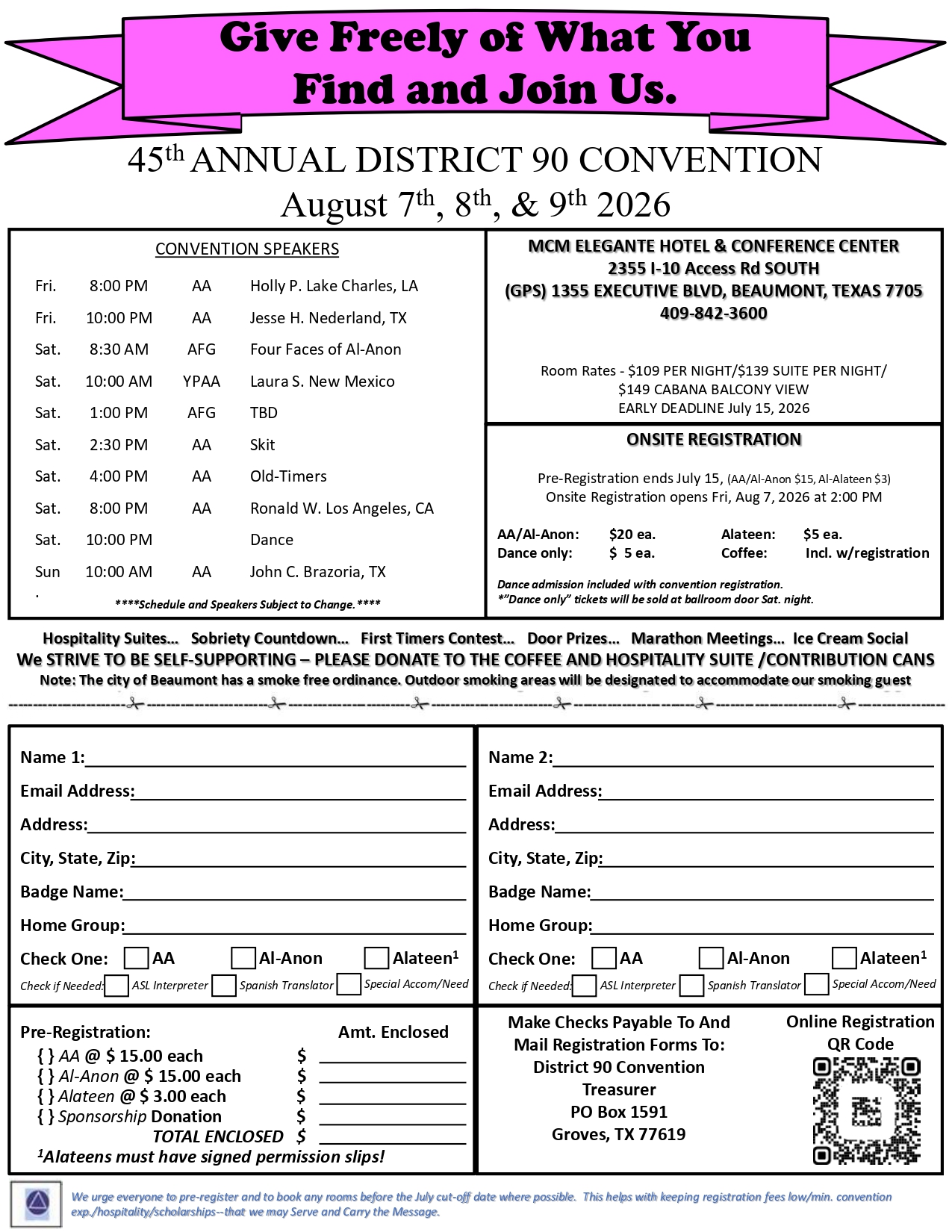 PDF-style flyer for the 45th Annual District 90 Convention with schedule, registration forms, and contact details in Beaumont, TX.