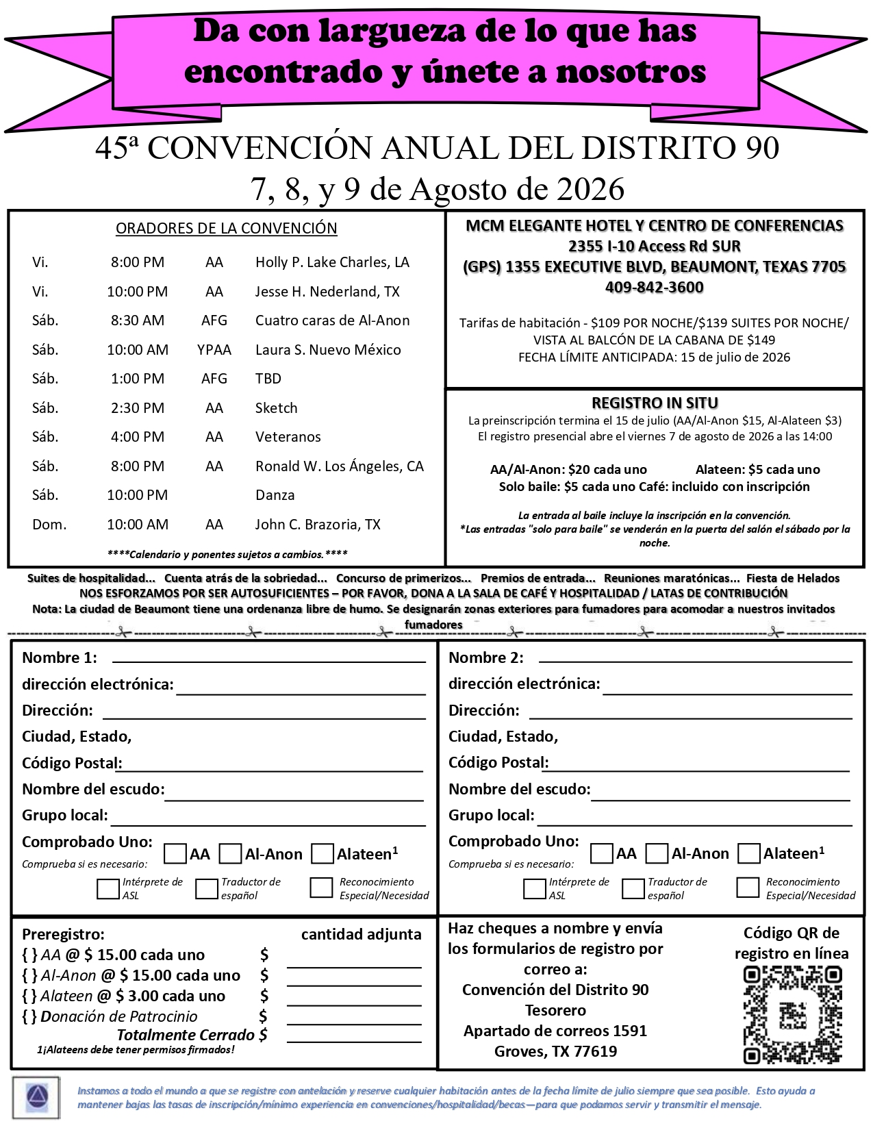 Poster advertising the 45th Annual District 90 Convention (Aug 7–9, 2026) in Beaumont, TX, with speakers, hotel info, registration details, and a QR code.