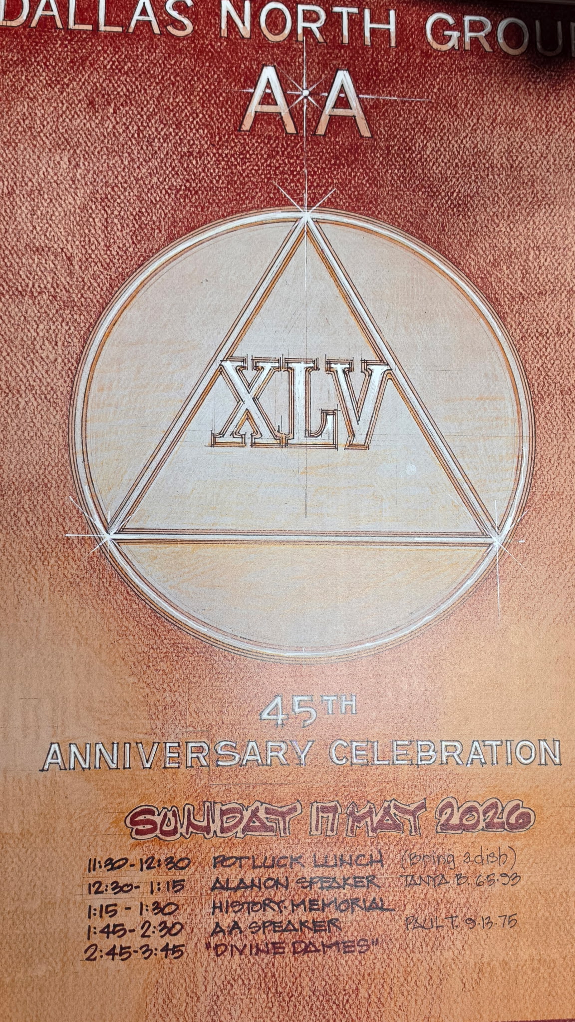 Poster announcing the Dallas North Group AAA 45th anniversary celebration, featuring a geometric circle and triangle emblem with '45th Anniversary Celebration' text and schedule lines nearby.