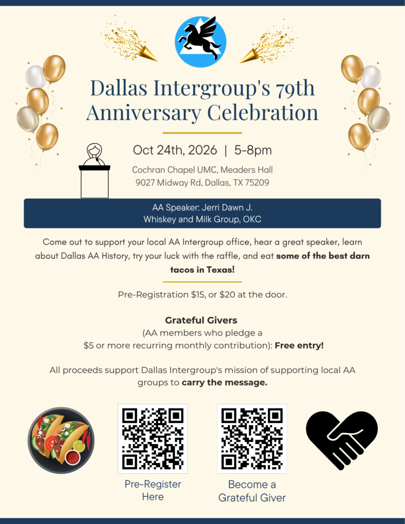 Poster announcing Dallas Intergroup's 79th Anniversary Celebration with balloons, confetti, and event details.