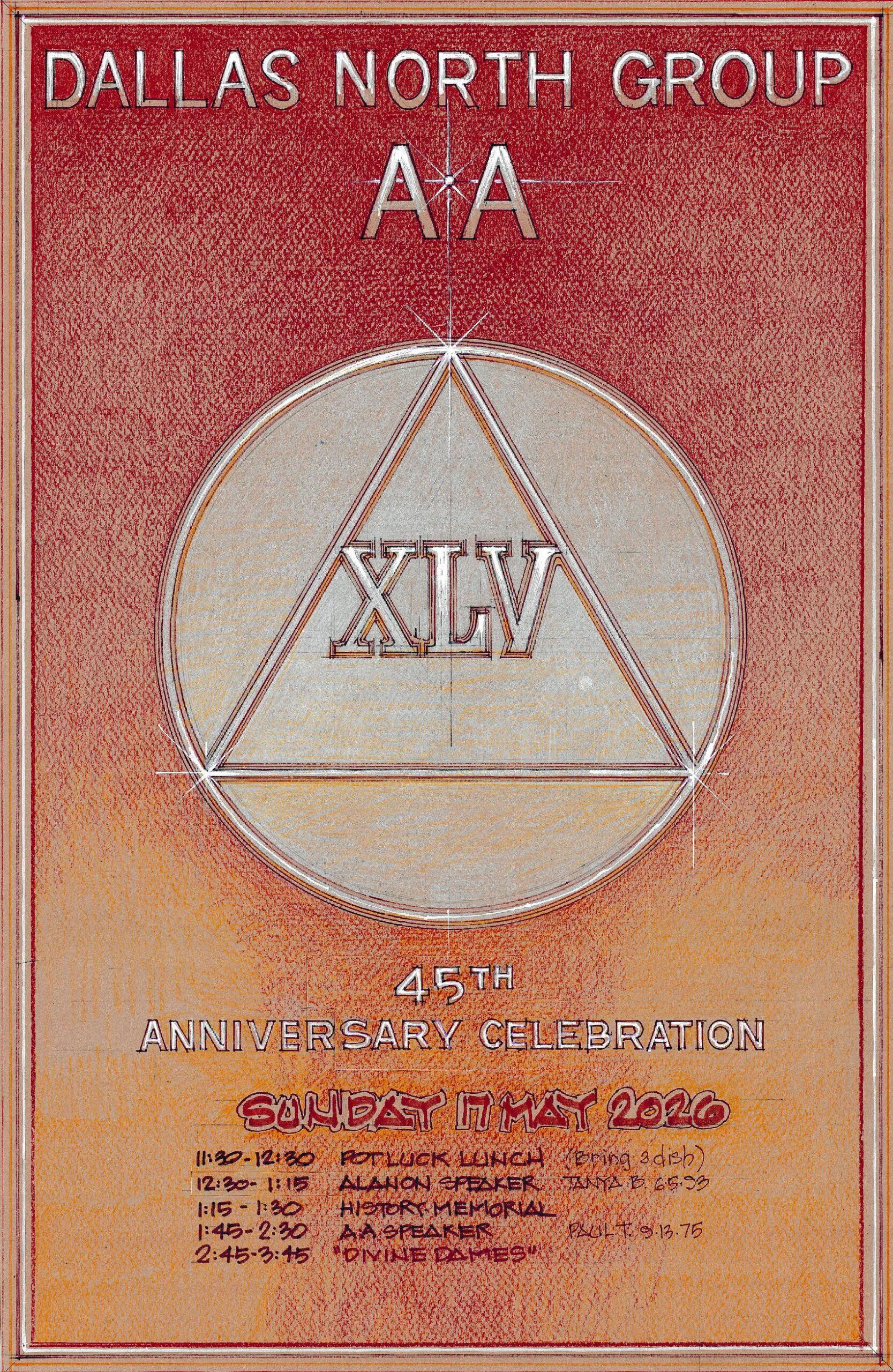 Event poster for Dallas North Group AA 45th Anniversary Celebration with AA symbol inside a circle and geometric lines, Sunday May 22, 2016