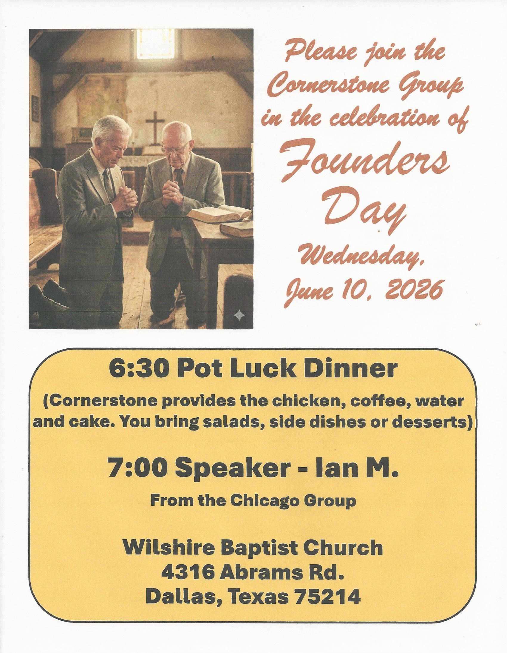 Church invitation flyer showing two men praying in a church, with text inviting Founders Day on Wednesday, June 10, 2026.