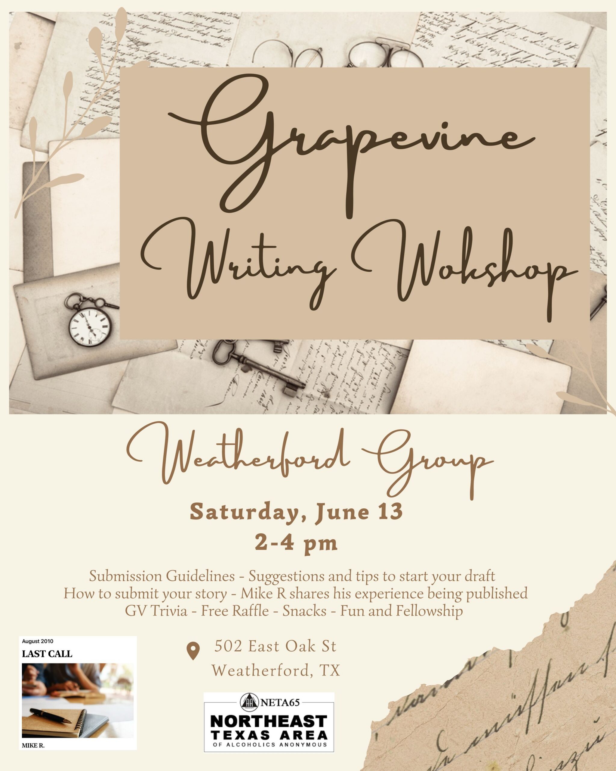 Poster for Grapevine Writing Workshop: Weatherford Group, Saturday, June 13, 2–4 pm, at 502 East Oak St, Weatherford, TX.