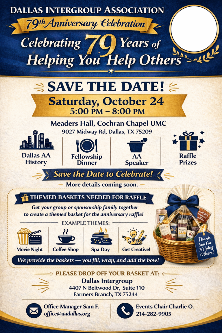Event poster announcing Dallas Intergroup Association's 79th Anniversary Celebration with date, time, and venue details including activities and raffle.