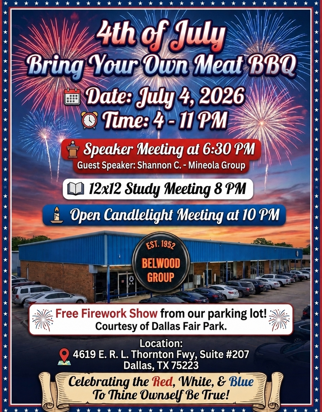 Patriotic event poster for a 4th of July Bring Your Own Meat BBQ with fireworks; July 4, 2026, 4–11 PM, Dallas venue.