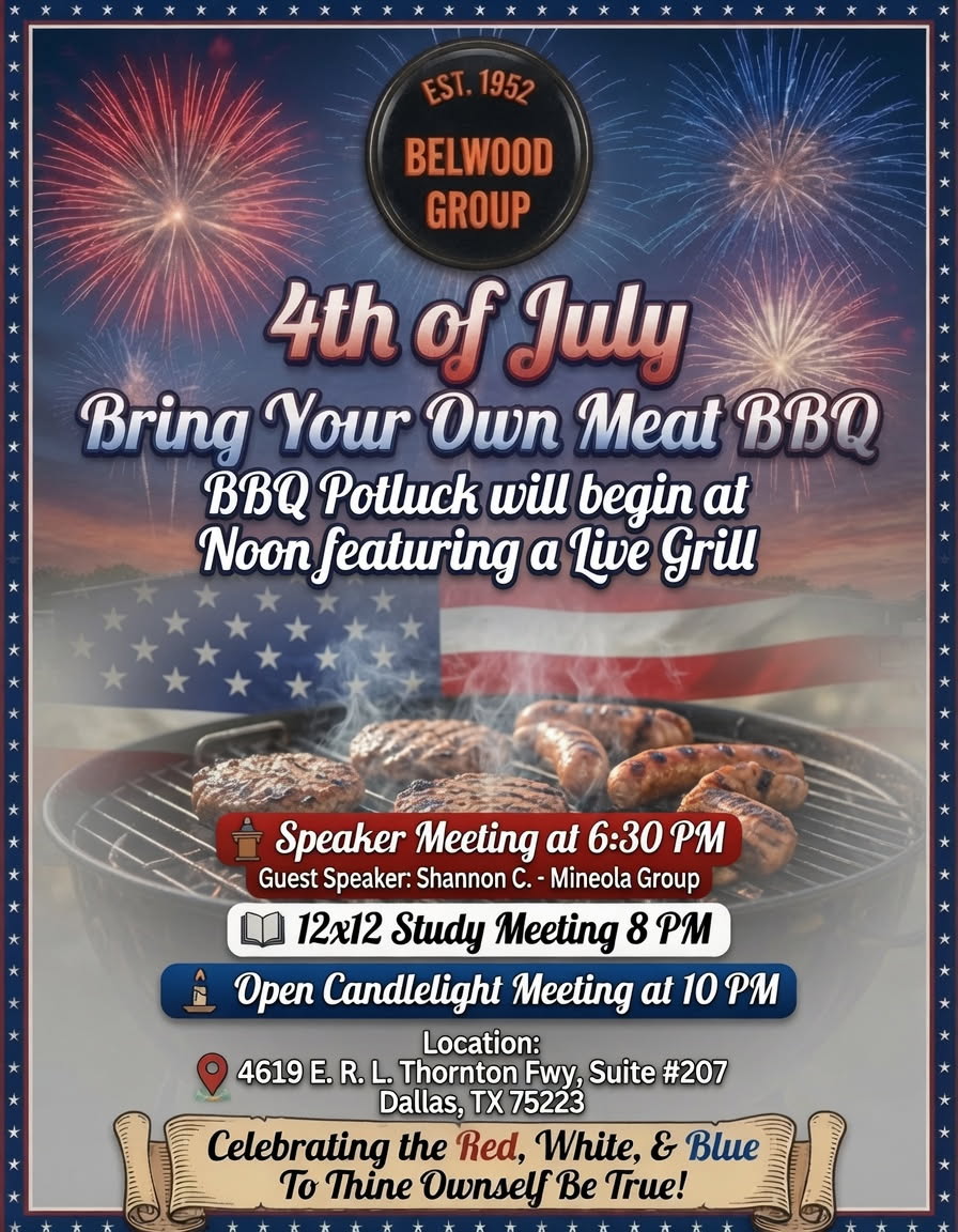 Poster announcing a Belwood Group 4th of July BBQ with fireworks, American flag backdrop and grilled sausages. Contains event times and location details.