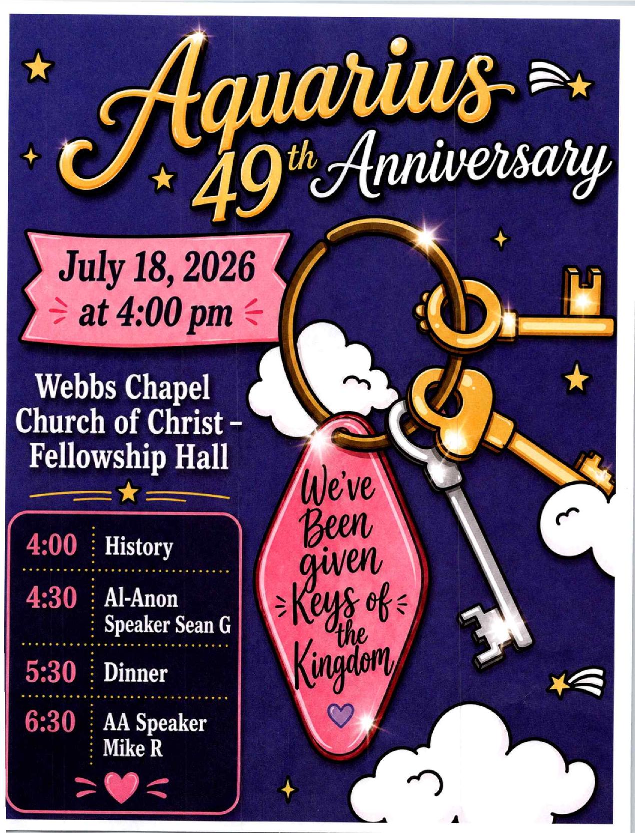 Poster announcing Aquarius 49th Anniversary event on July 18, 2026 at Webb's Chapel Church of Christ Fellowship Hall, showing keys and a pink banner with schedule details.