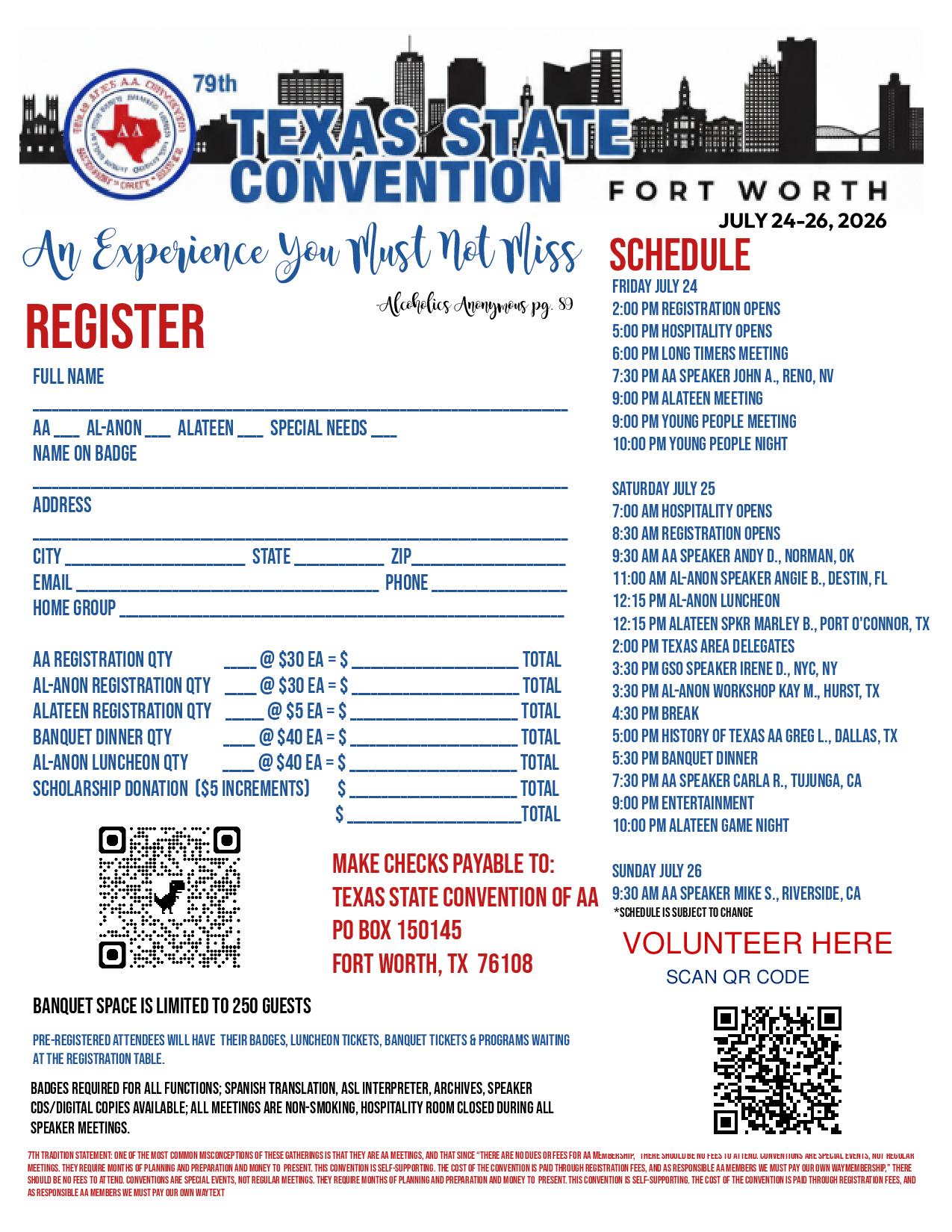 Poster for the 79th Texas State Convention in Fort Worth (July 24–26, 2026) showing a registration form, the right-side schedule, and QR codes.