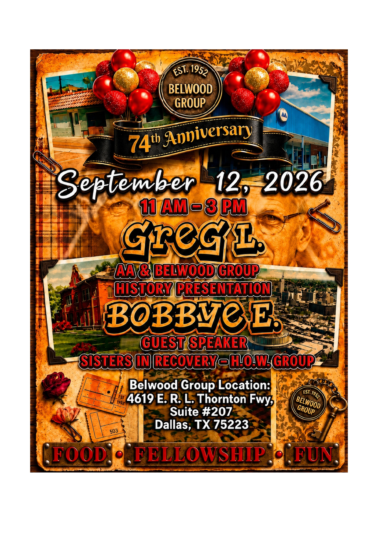 Poster advertising Belwood Group 74th Anniversary on Sept. 12, 2026, with balloons, photos, and event details (11 AM–3 PM).