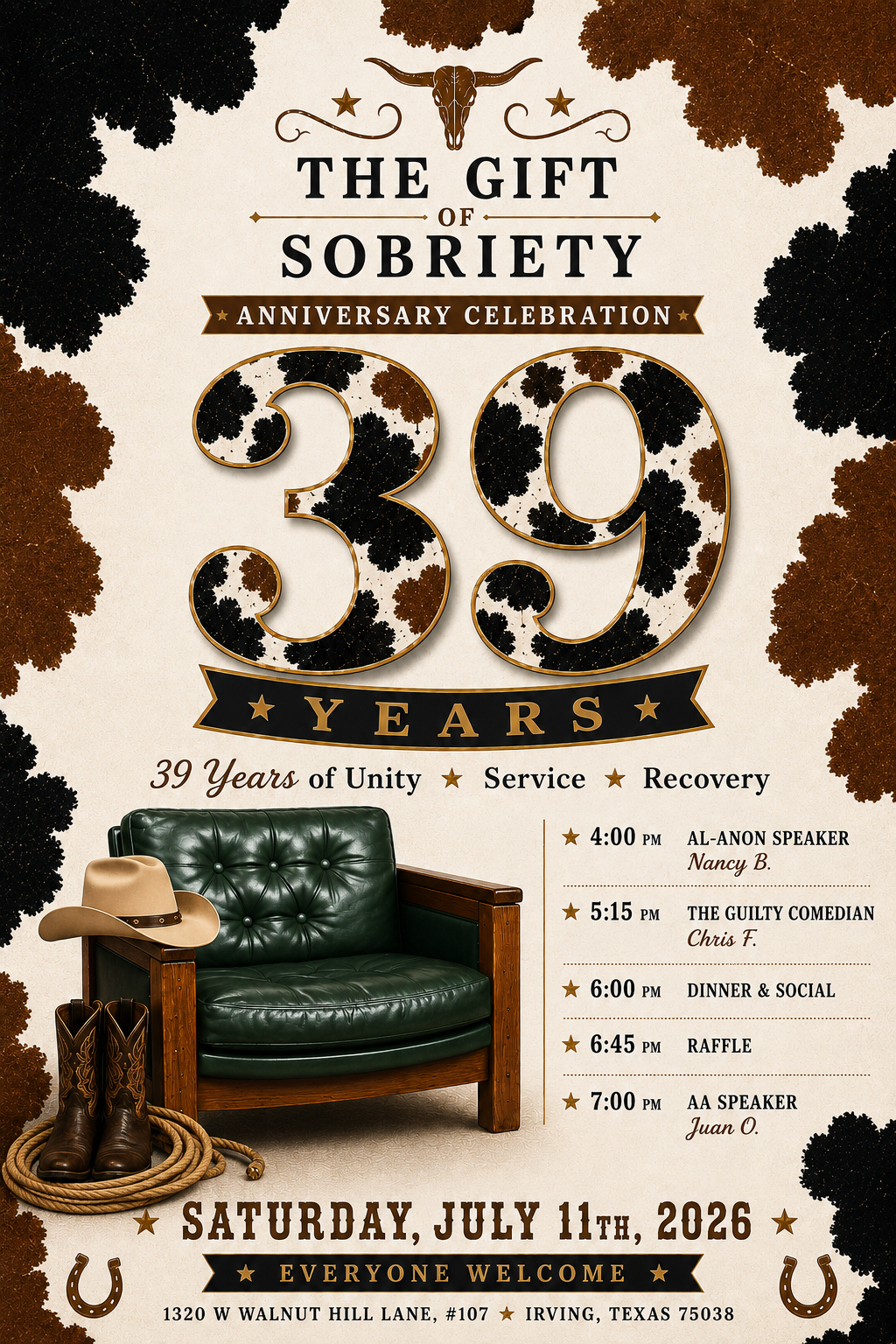 Poster for 'The Gift of Sobriety' 39th anniversary celebration with a large decorative 39 and western motifs, schedule on the right, cowboy boots and a leather chair at the bottom left, date July 11, 2026 in Irving, TX.
