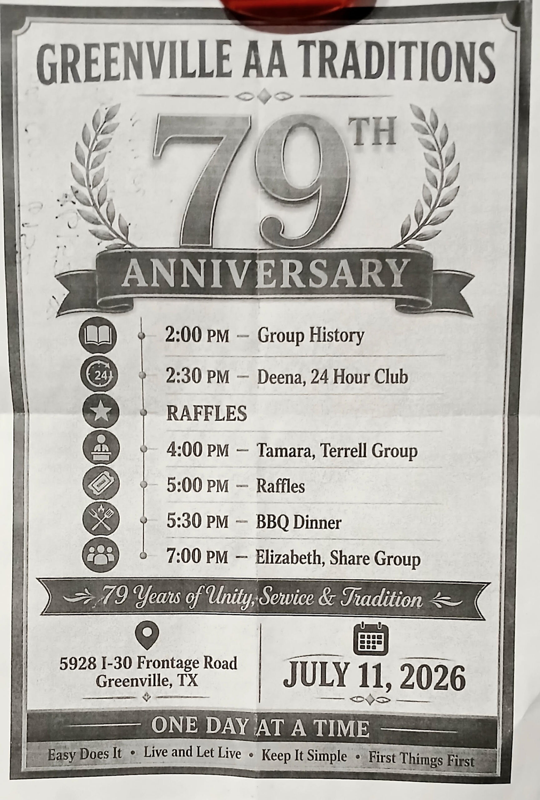 Poster for Greenville AA Traditions 79th Anniversary with event schedule and times (history group, 24-hour club, raffles, dinner).