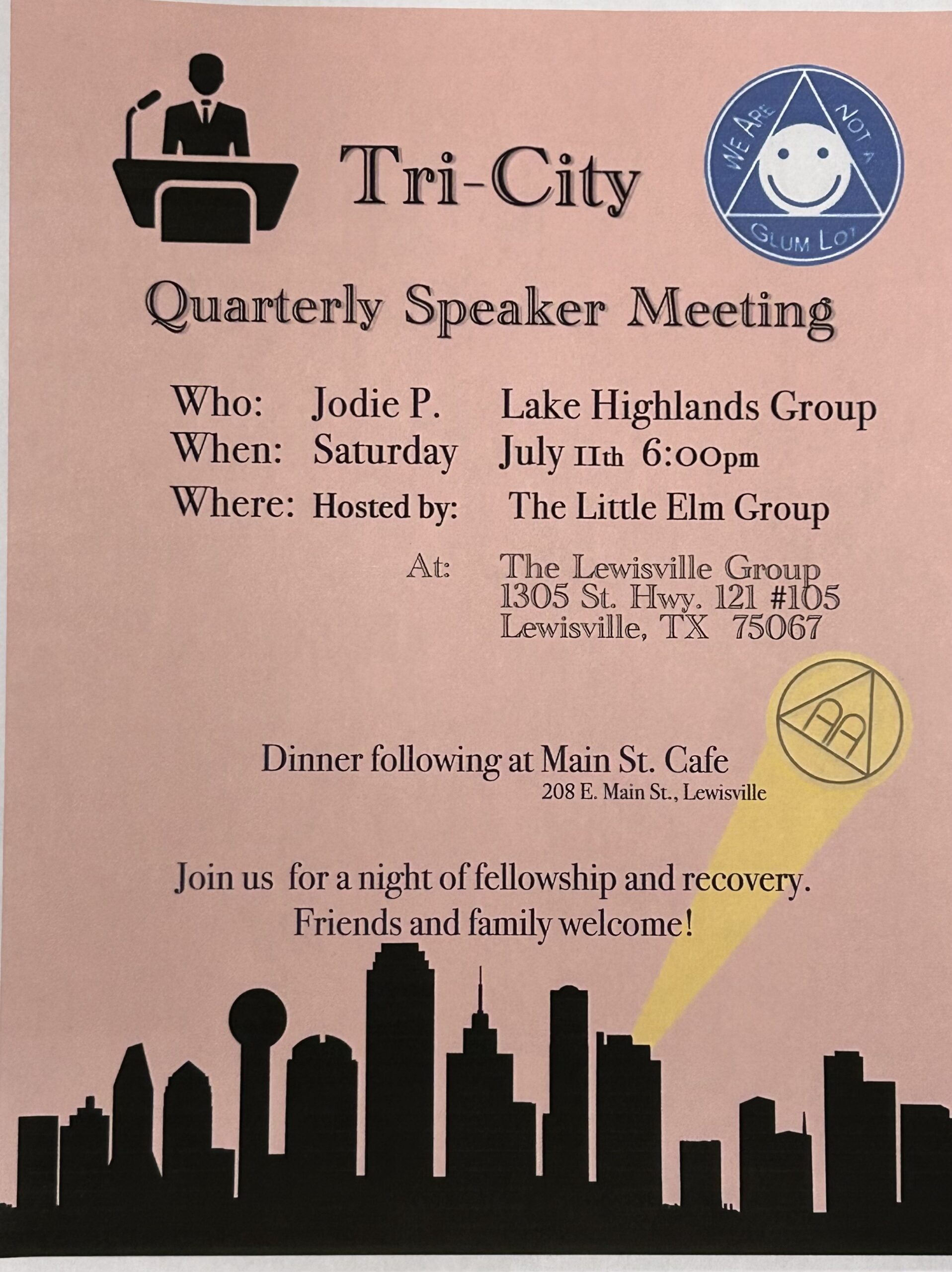 Pink event flyer for Tri-City Quarterly Speaker Meeting; includes podium icon, large city skyline silhouette at the bottom, and a blue circular emblem on the top-right.