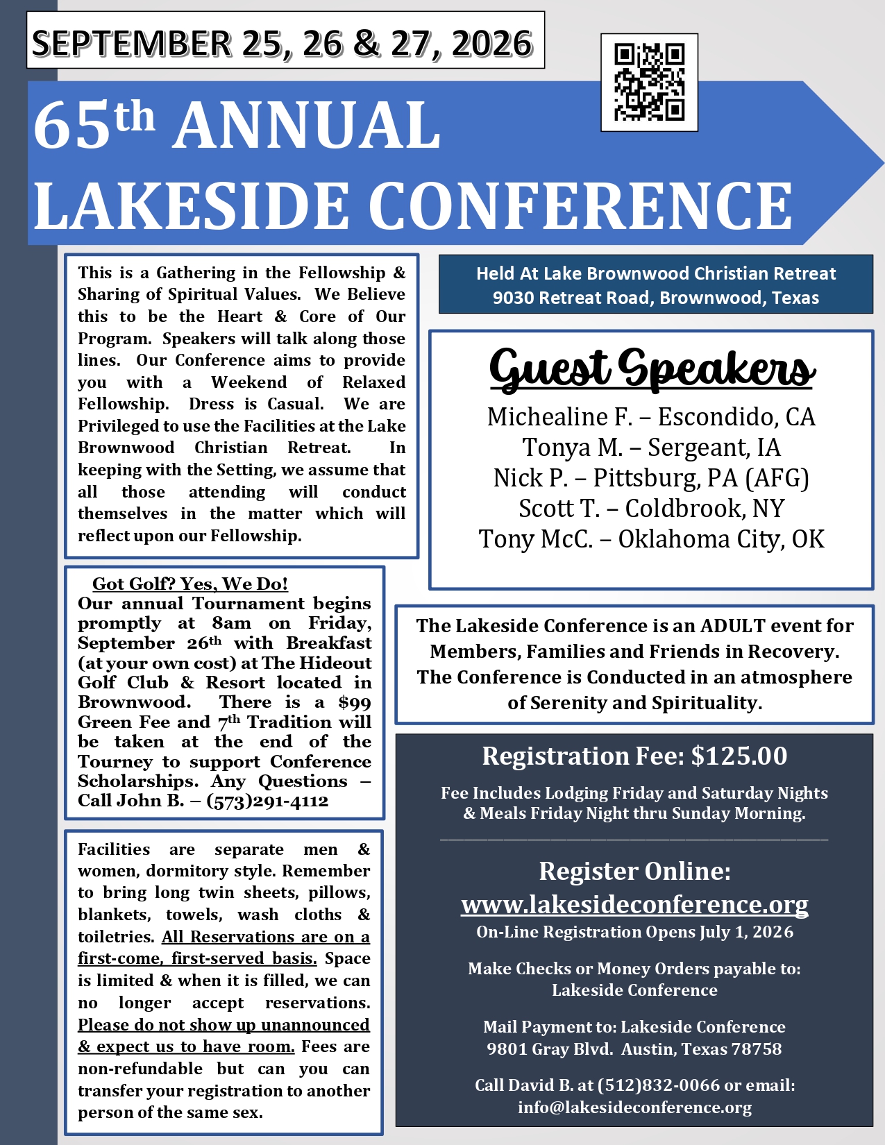 Poster for 65th Annual Lakeside Conference, Sept 25–27, 2026, with location at Lake Brownwood Christian Retreat and a QR code.