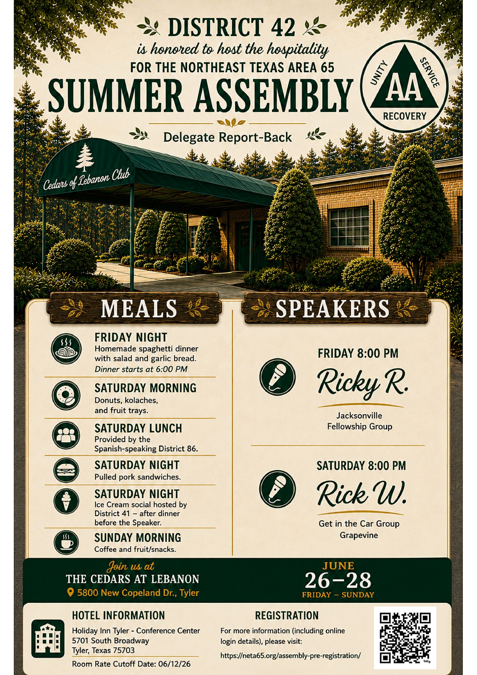 Poster for District 42 Summer Assembly announcing meals and speakers at The Cedars of Lebanon Club; June 26–28.