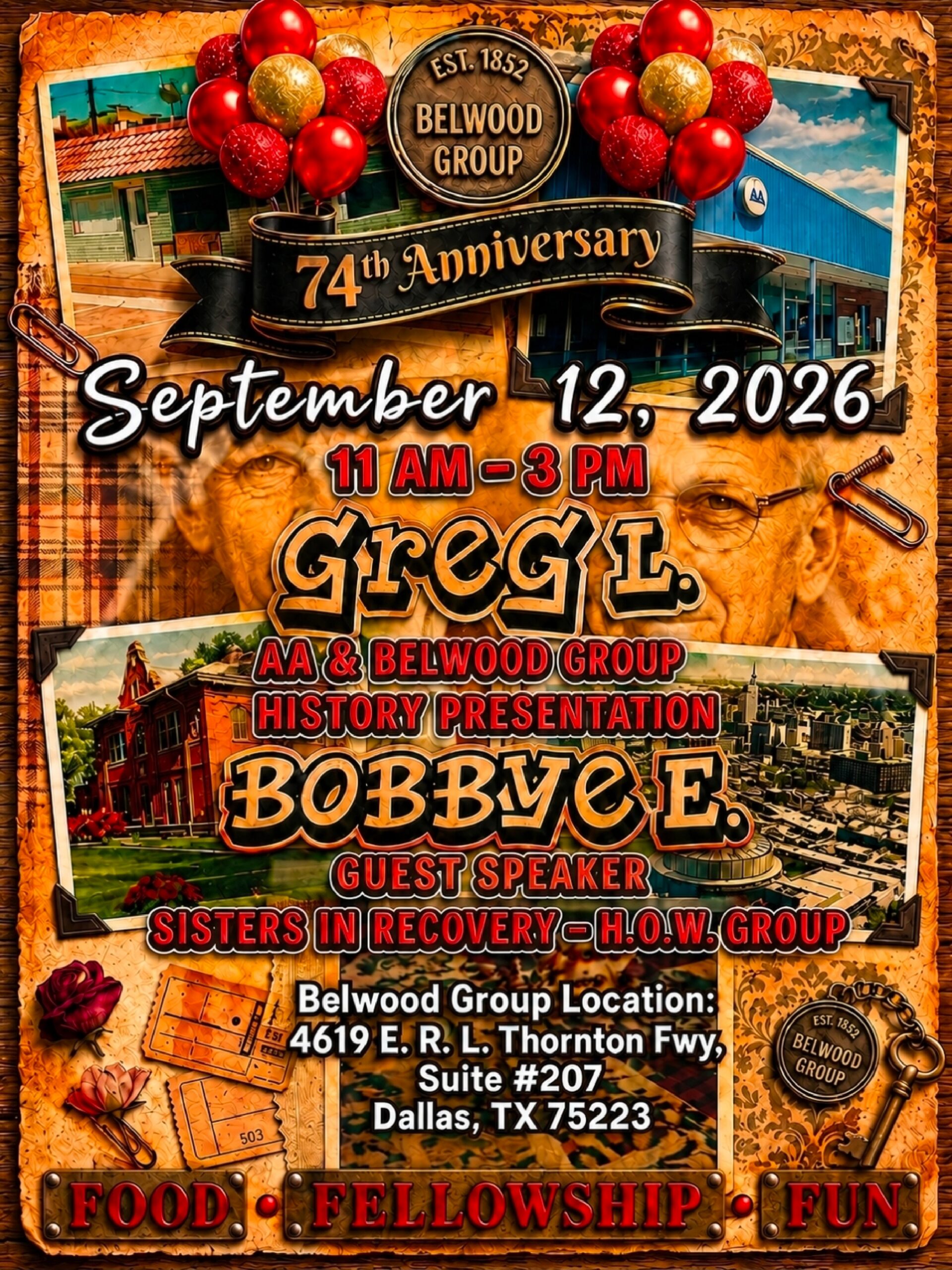 Colorful poster announcing Belwood Group's 74th anniversary celebration on September 12, 2026, 11 AM–3 PM, with balloons and a ribbon motif.