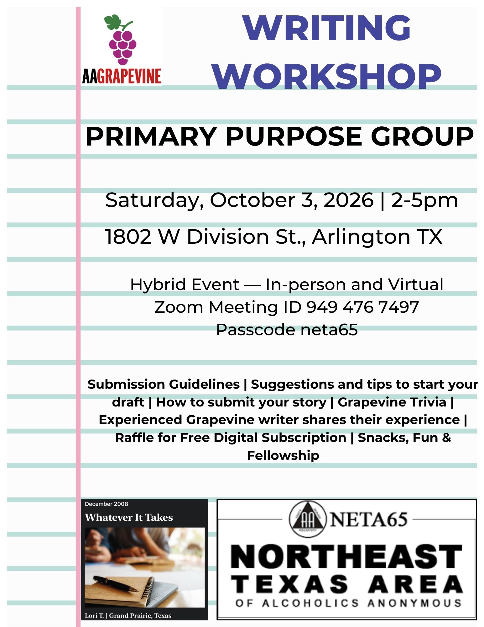 Event flyer for a Writing Workshop titled 'Primary Purpose Group' with date, time, and location: Saturday October 3, 2026, 2–5 pm, 1802 W Division St, Arlington, TX; hybrid in-person and virtual options.