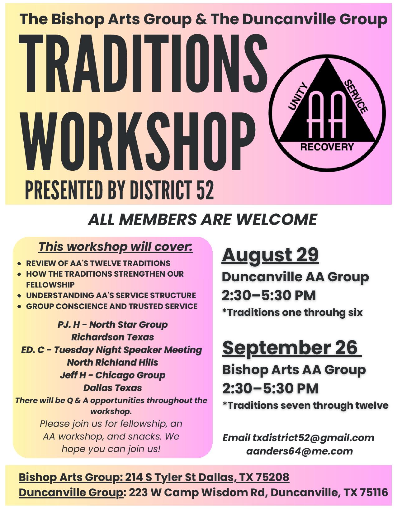 Poster announcing 'Traditions Workshop' by The Bishop Arts Group & The Duncansville Group with an AA Recovery logo on a pink-yellow gradient; contains dates, times, and locations for all members.