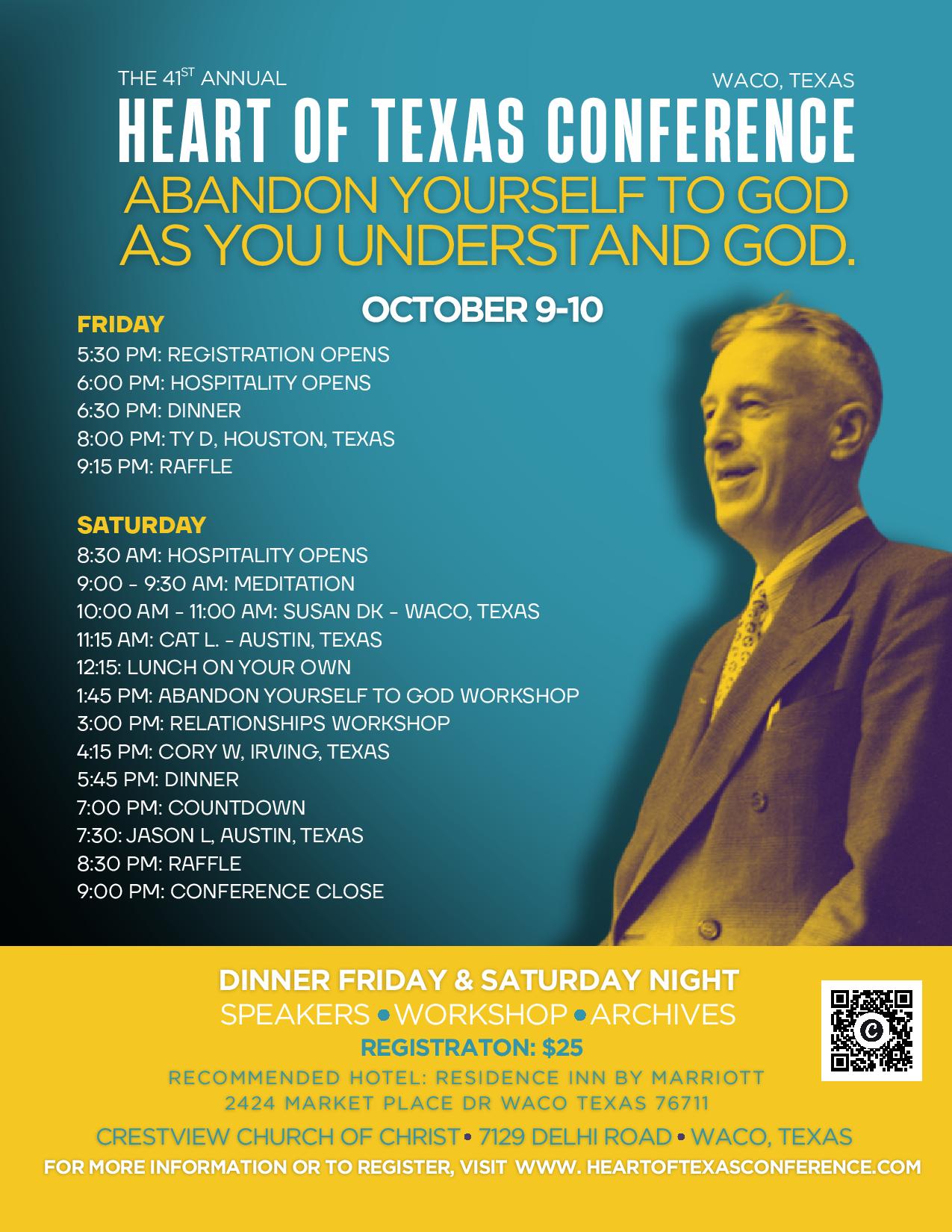 Teal poster advertising the Heart of Texas Conference in Waco, TX, October 9–10, with yellow slogan 'Abandon yourself to God as you understand God' and a right-side man in a suit; schedule details listed below; QR code at bottom-right.