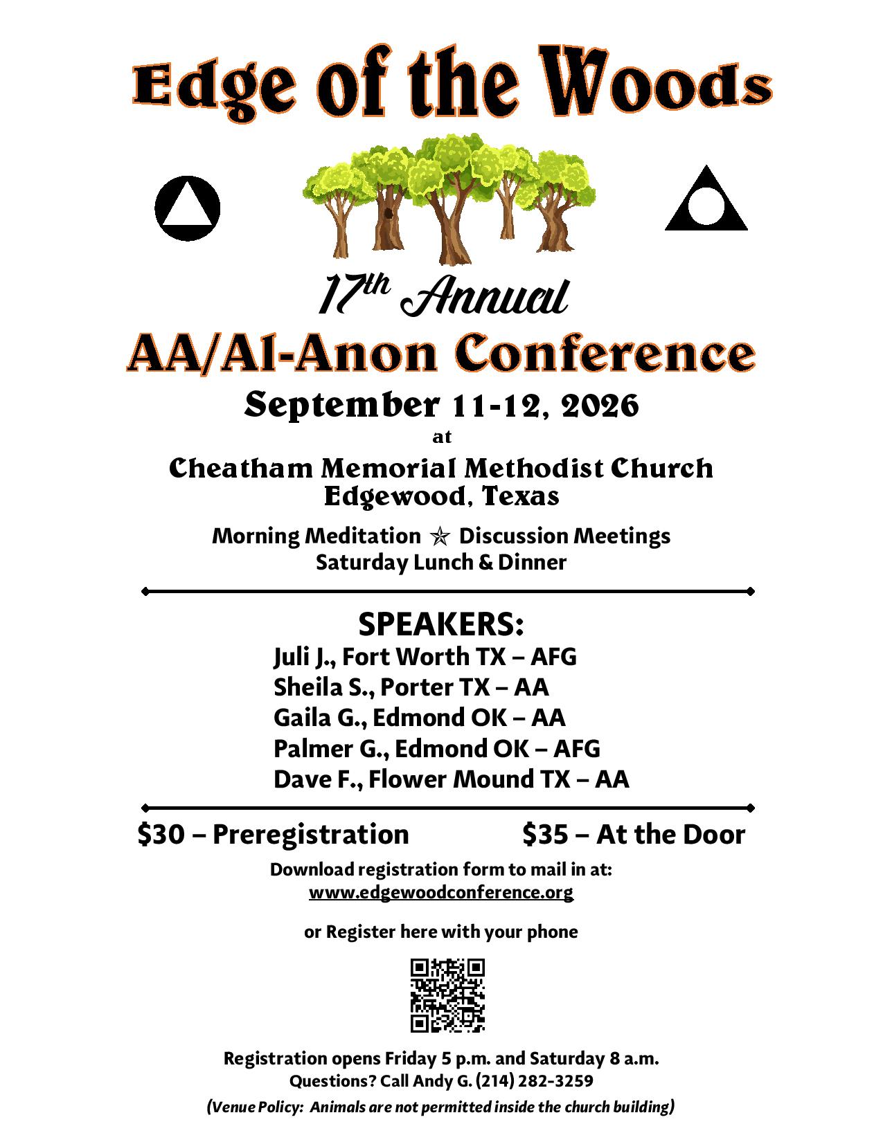 Poster advertising the Edge of the Woods 17th Annual AA/Al-Anon Conference in Edgewood, Texas, September 11–12, 2026, with speakers and schedule information.
