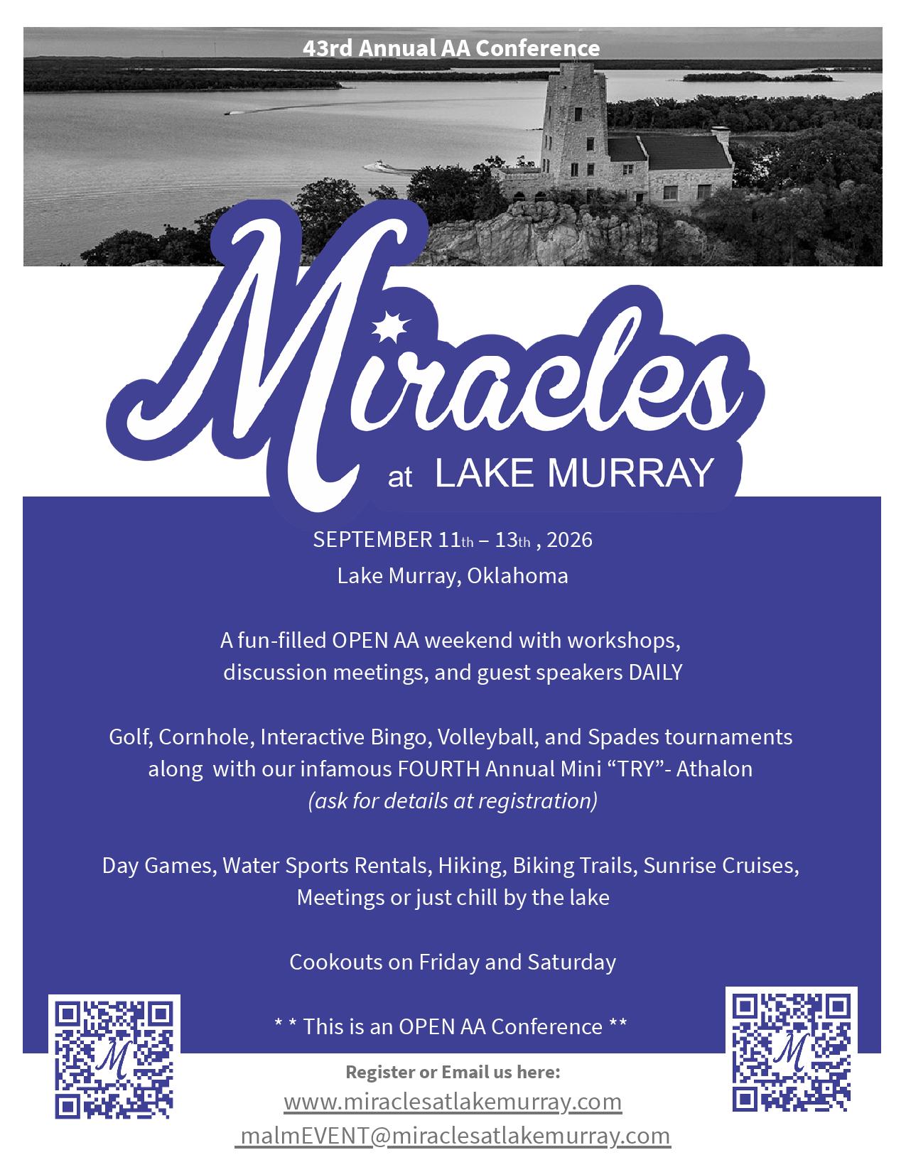 Poster for Miracles at Lake Murray AA conference: dates Sept 11–13, 2026, Lake Murray, Oklahoma, with event description and QR codes.