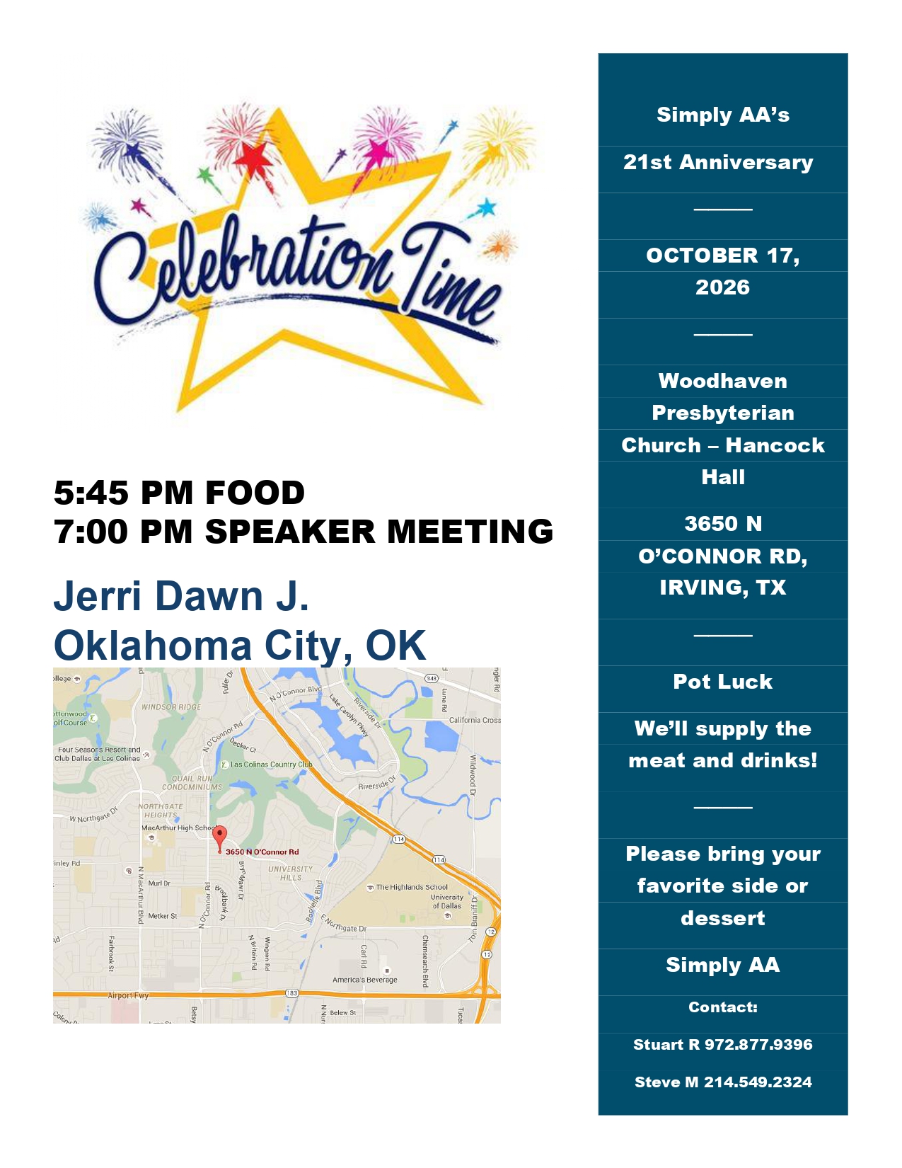 Flyer for Simply AA’s 21st Anniversary: Oct 17, 2026, 5:45 PM food; 7:00 PM speaker meeting; Woodhaven Presbyterian, 3650 N O’Connor Rd, Irving, TX.
