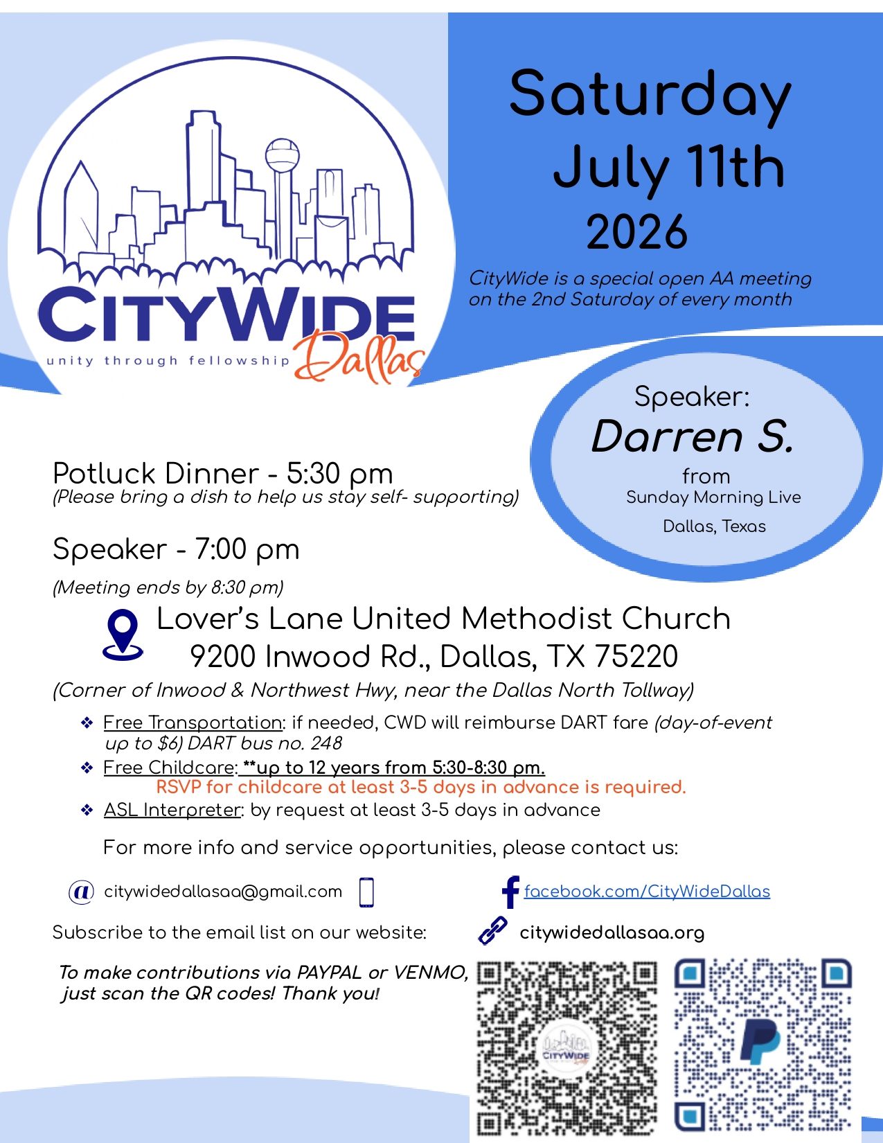 CityWide Dallas event flyer announcing Saturday, July 11, 2026, with speaker Darren S. at Lover’s Lane United Methodist Church, Dallas.