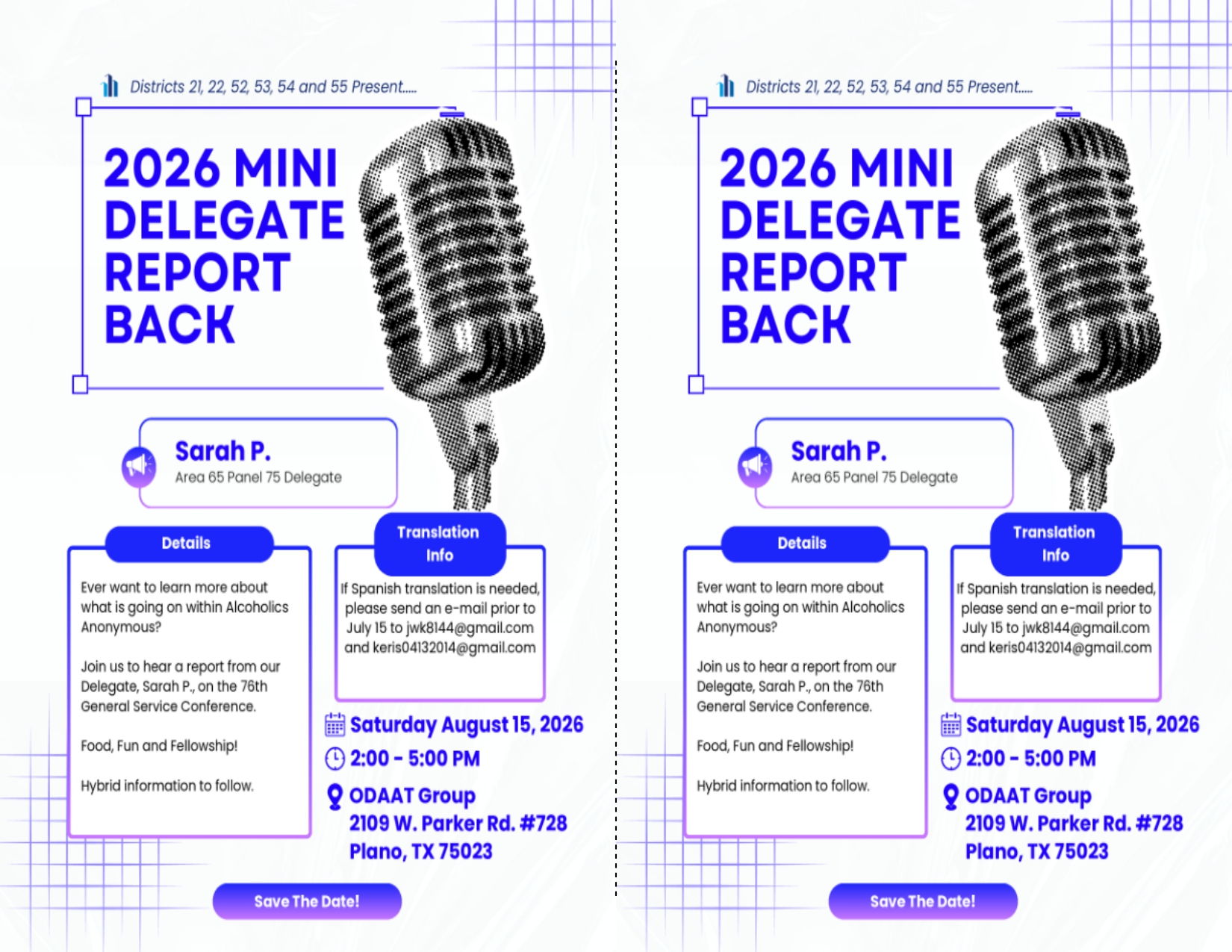 Poster advertising 2026 Mini Delegate Report Back with a vintage microphone graphic and blue text, event details and date likely for Aug 15, 2026 (Save The Date).