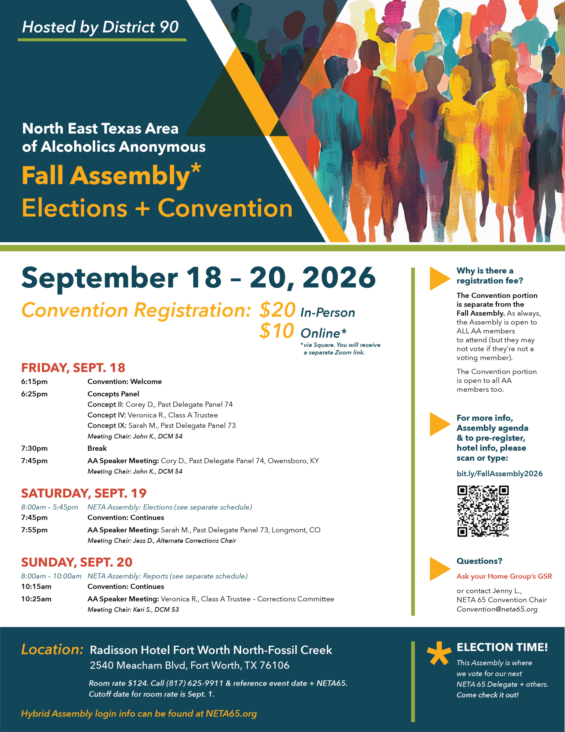 Poster advertising North East Texas AA Fall Assembly and Elections + Convention, Sept 18–20, 2026, hosted by District 90, at Radisson Fort Worth Fossil Creek, TX.