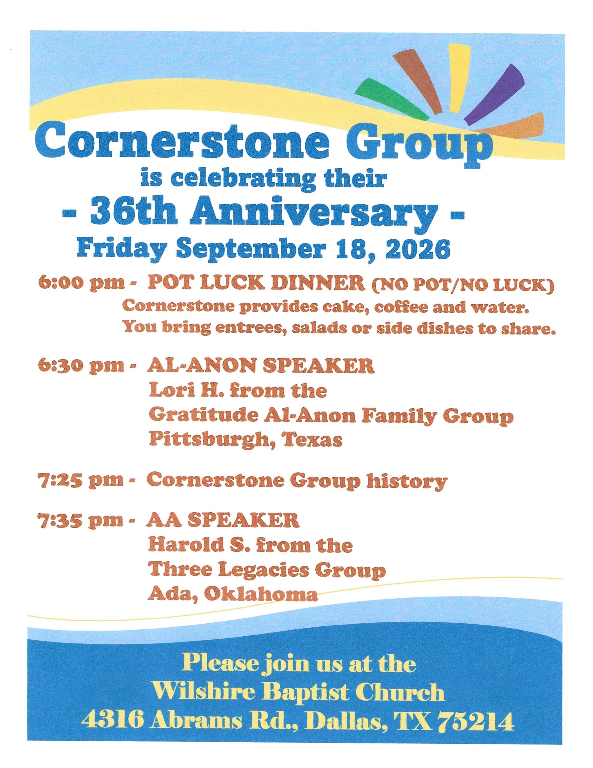 Poster announcing Cornerstone Group's 36th Anniversary celebration on Friday, September 18, 2026, with a schedule of speakers and community event details.
