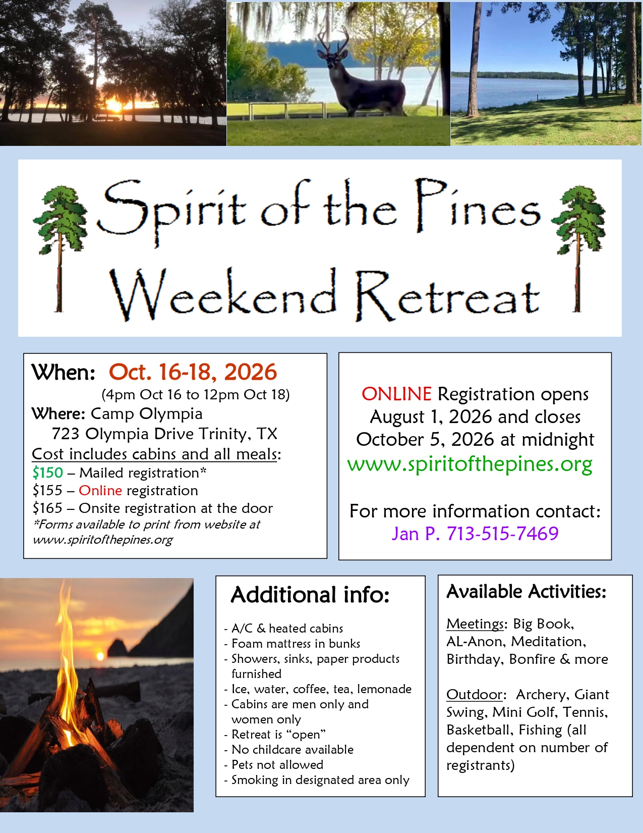 Promotional flyer for Spirit of the Pines Weekend Retreat: Oct 16–18, 2026 at Camp Olympia, Trinity, TX, with online registration and contact info.